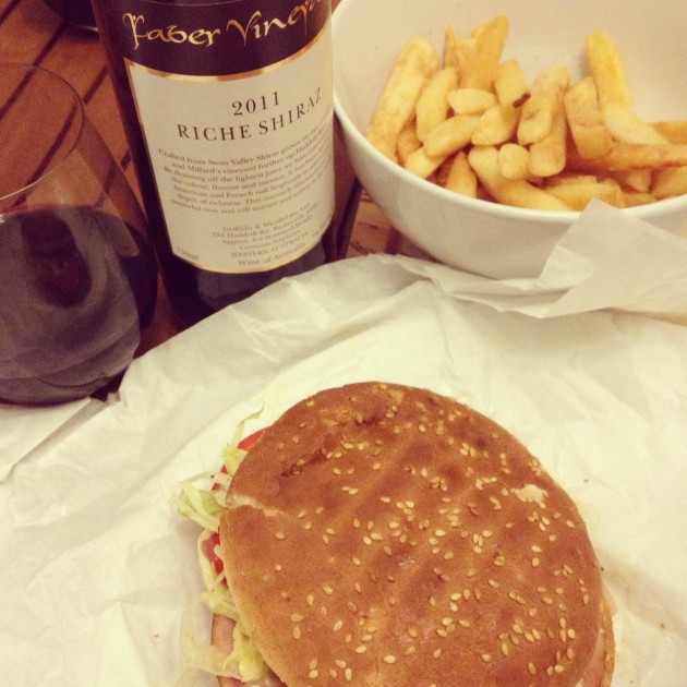 Burgers and chips from Alfred's Burgers in Guildford macthed with Faber Vineyards wine