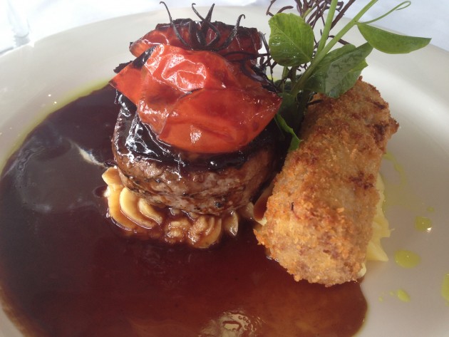 Char grilled beef fillet, onion jam, ham and cheese croquette and oven roasted tomato Riverbank Estate Swan Valley