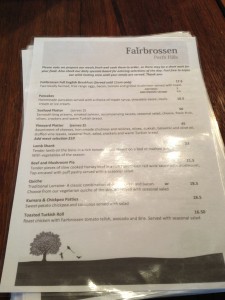 Fairbrossen Estate cafe menu peth hills lunch
