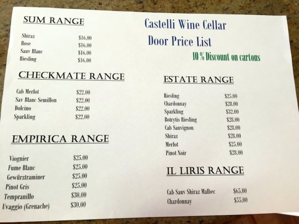 Castelli Estate Cellar Door Tasting List