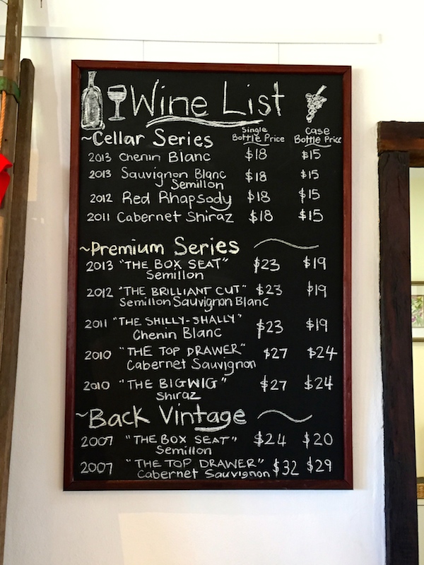 Barton Jones cellar door wine tasting menu
