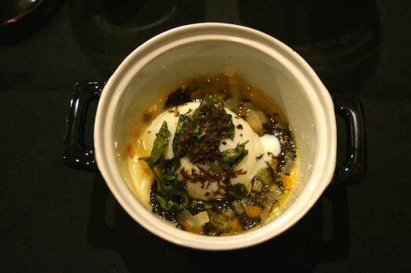 Slow cooked egg with truffle, parsnip, pear and saltbush at Steve's Nedlands