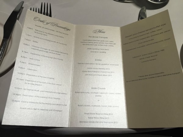 2015 Singapore Airlines Swan Valley Wine Show Menu