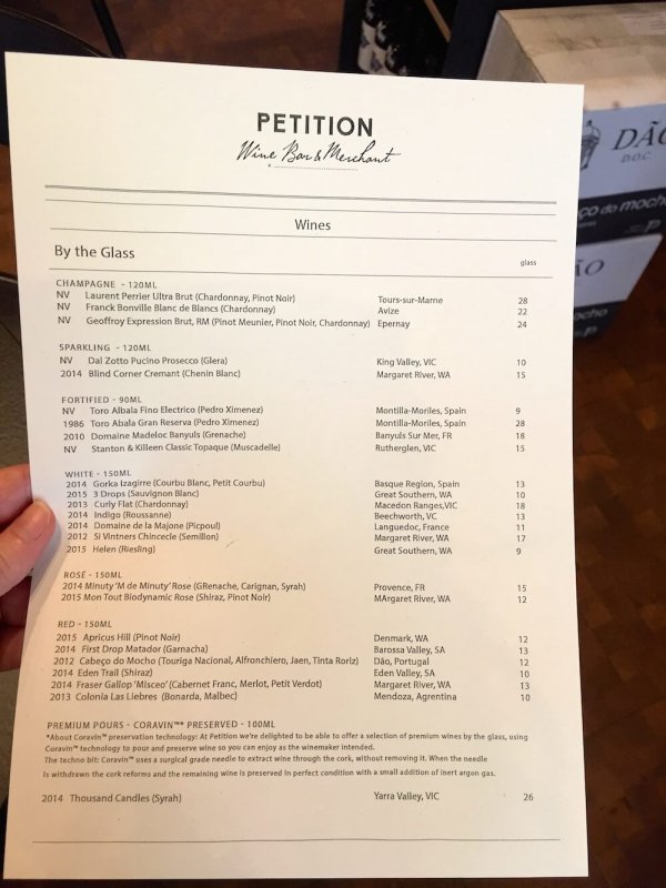 By the Glass Menu at Petition Wine Bar Perth