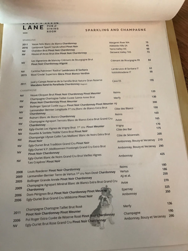 Sparkling and Champagne Wine List - Mayfair Lane West Perth