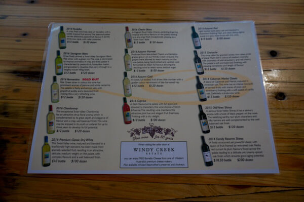 Windy Creek Winery Tasting List - Swan Valley