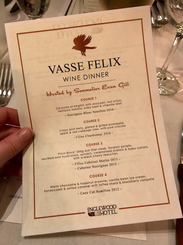Close Up of Menu at the Vasse Felix Wine Dinner at the Inglewood Hotel