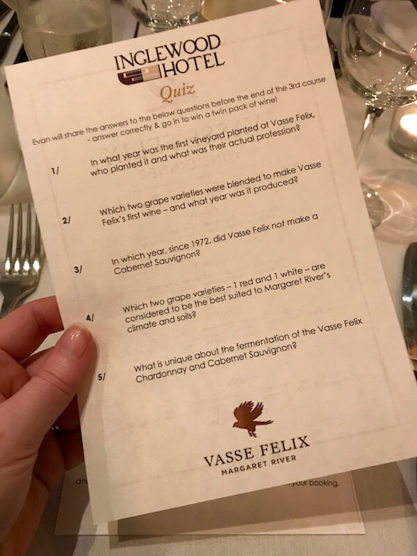 Quiz at the Vasse Felix Wine Dinner at the Inglewood Hotel