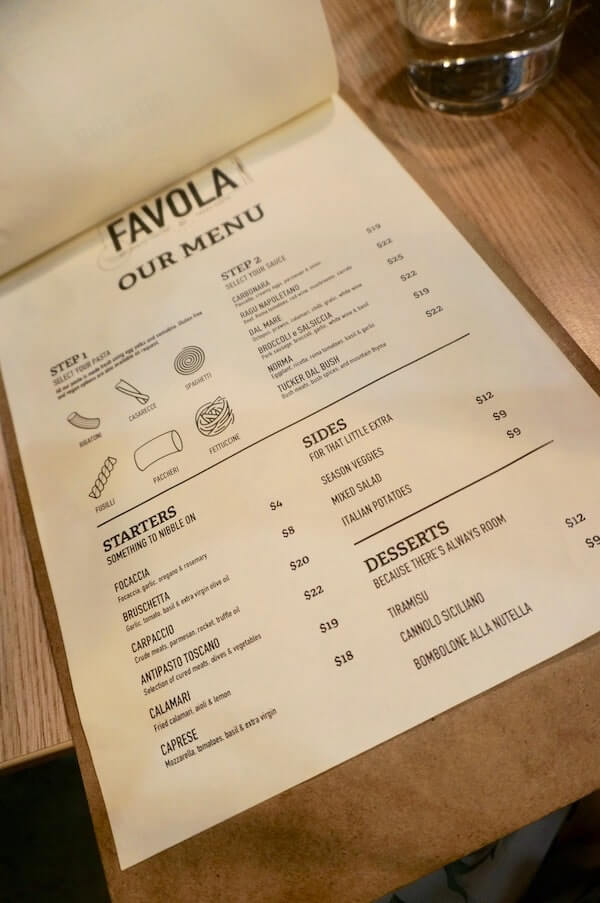 Food menu at La Favola Newtown Sydney