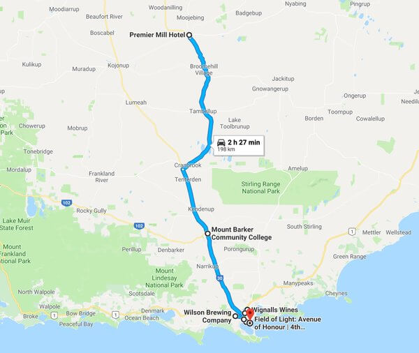 map-of-our-trip-to-premier-mill-hotel-katanning-to-wine-show-of-wa-awards-alkaline-cafe-wilson-brewing-company-bred-co-wignalls-winery
