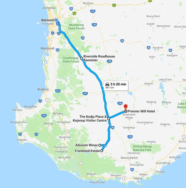 map-of-our-trip-to-riverside-raodhouse-kojonupalkoomi-winery-frankland-estate-and-premier-mill-hotel-katanning