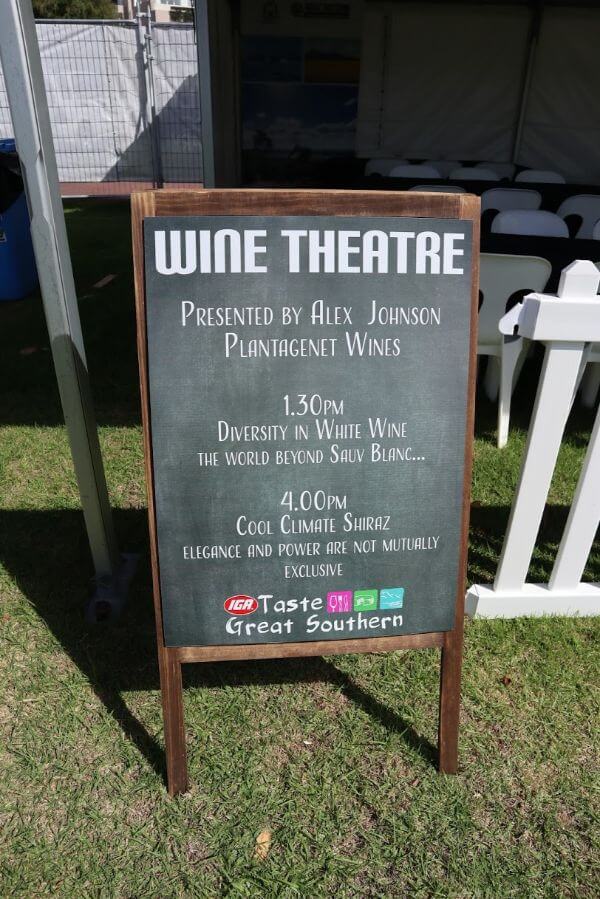 blackboard with information about the wine theatre presented by alex johnson at the albany wine and food festival