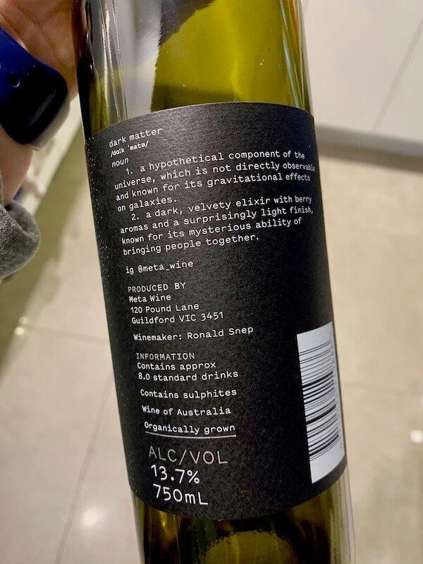 Meta Wine Dark Matter 2016 Cabernet Sauvignon Merlot - Back Label