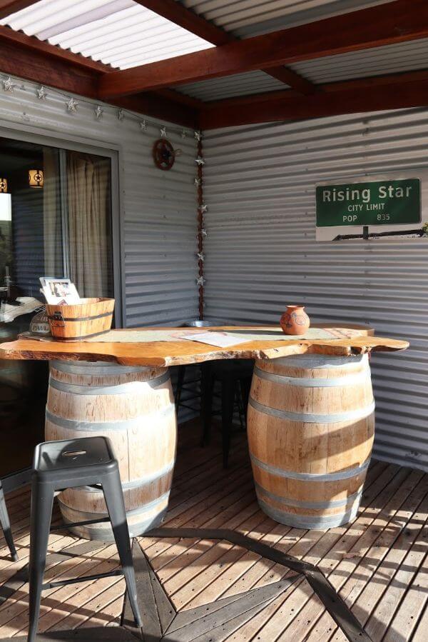back verandah with a wine barrel table at rising star wines on scotsdale road denmark wine region