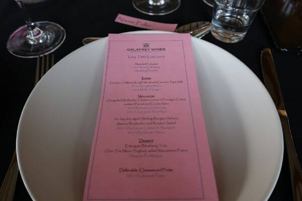menu at the galafrey wines long table lunch