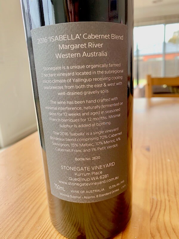 Stonegaze Vineyard 2016 Isabella Cabernet Blend - Margaret River - Back Label