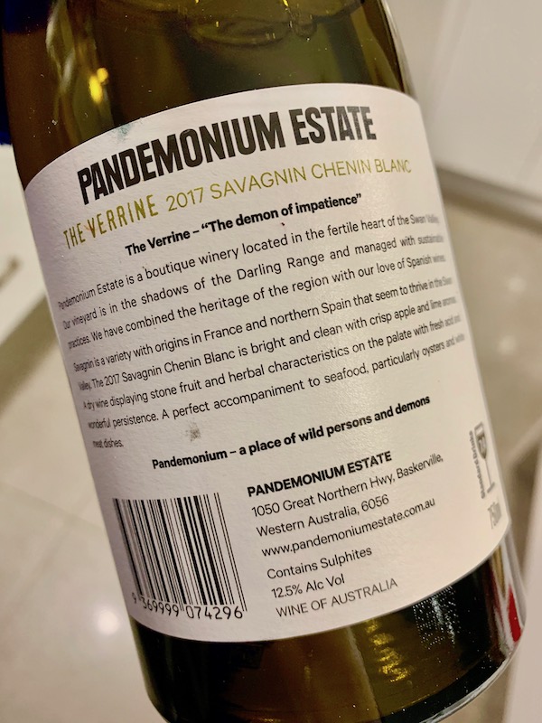 Pandemonium Estate 2017 Savagnin Chenin Blanc Back Label