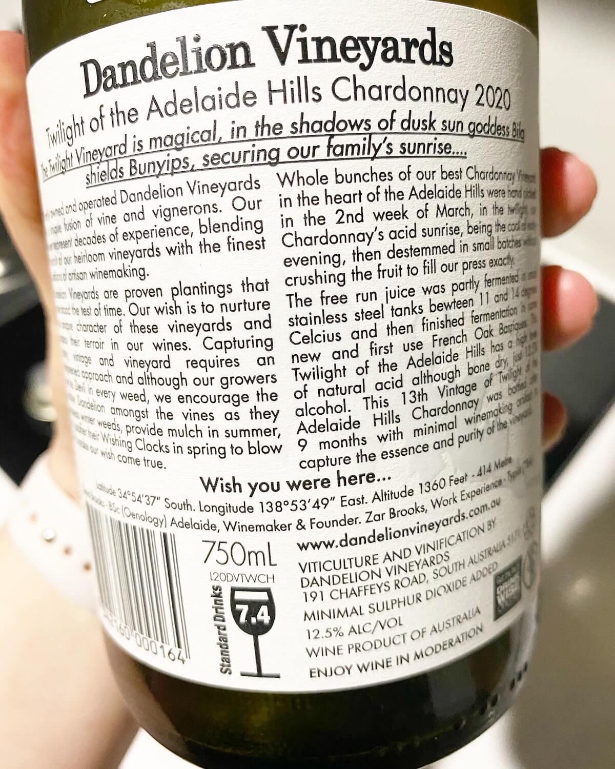 Dandelion Vineyards Twilight of the Adelaide Hills Chardonnay 2020 - Back Label