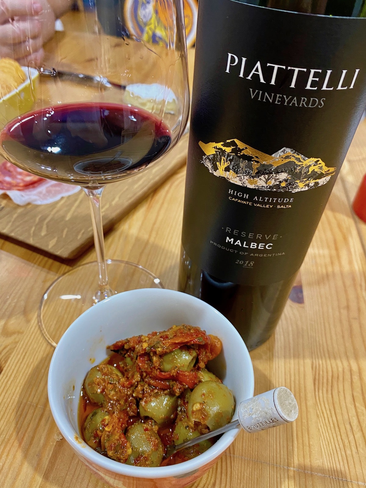 Piattelli Vineyards 2018 Reserve Malbec and olives