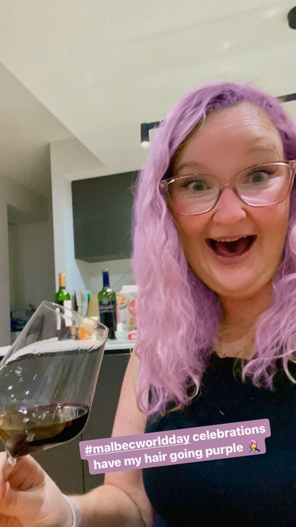 Wine Blogger Casey with Purple Hair on Malbec World Day