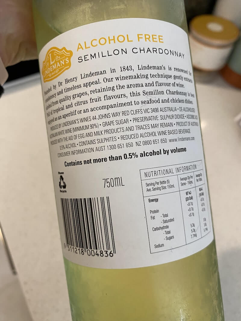 Lindemans Alcohol Free Semillon Chardonnay Back Label