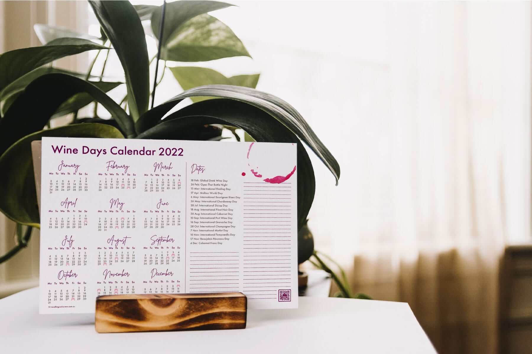 2022 Wine Days Calendar printed out and displayed on table