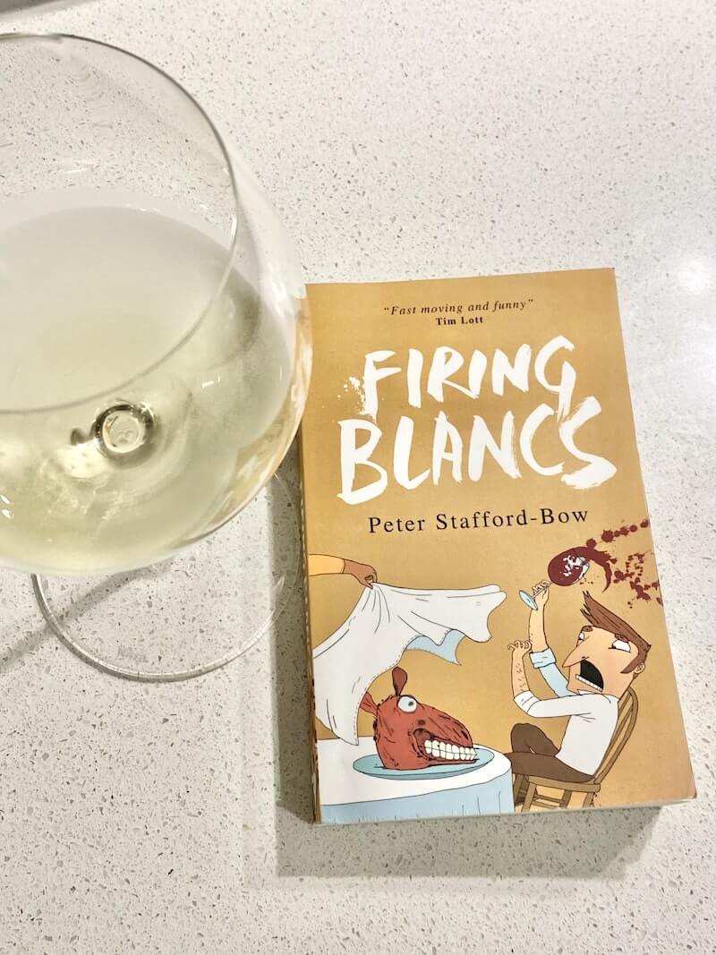 Glass of wine and Firing Blancs fiction wine book