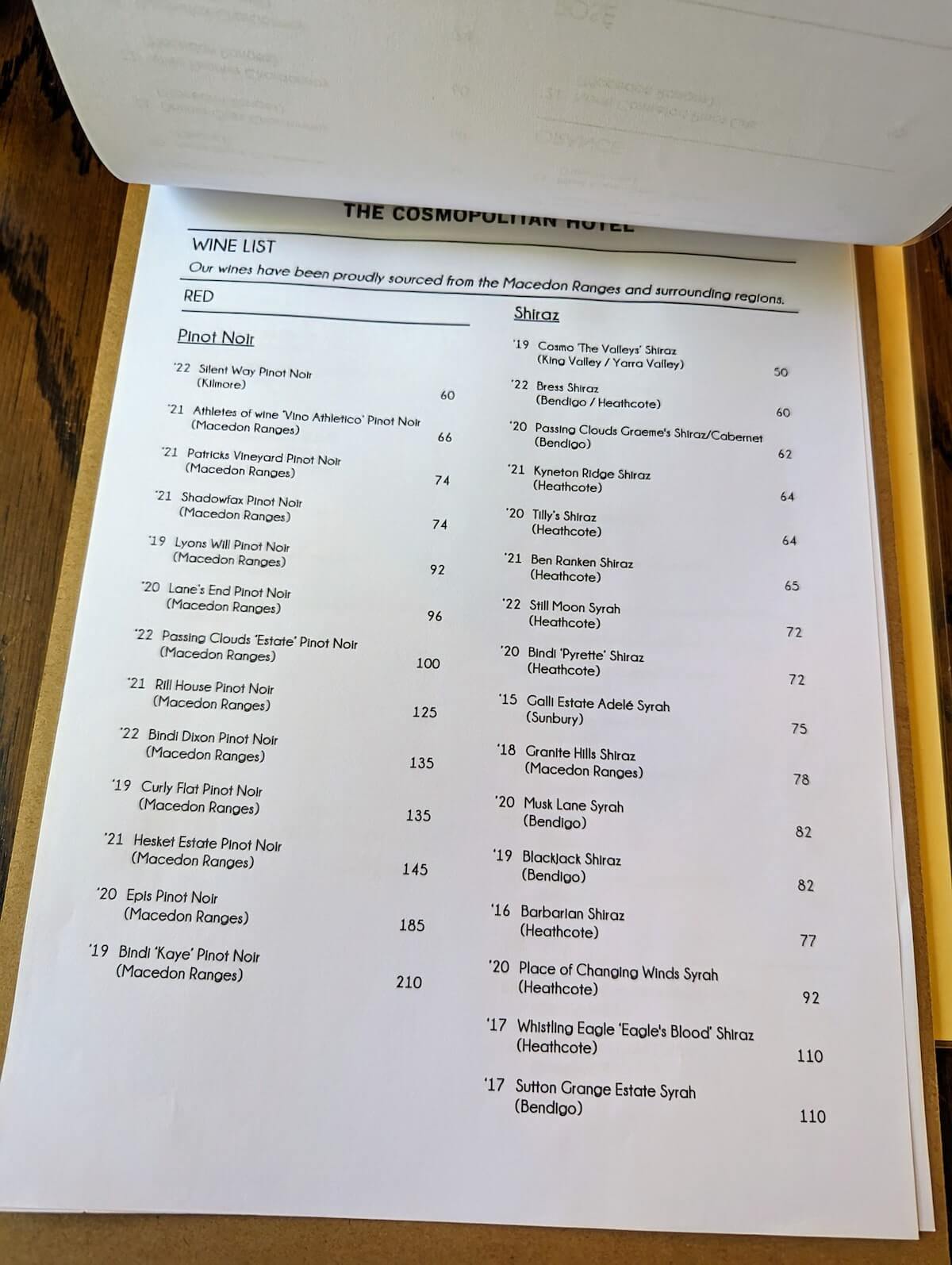 The Cosmopolitan Hotel Trentham - Red Wine List