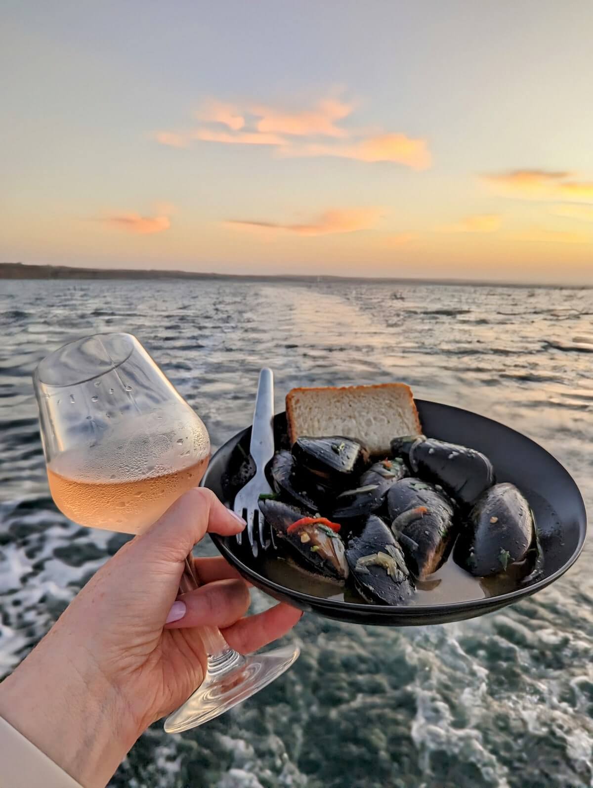 Chilli Cider Mussels with Baie Rose wine on a sunset Portarlington Mussel Tour